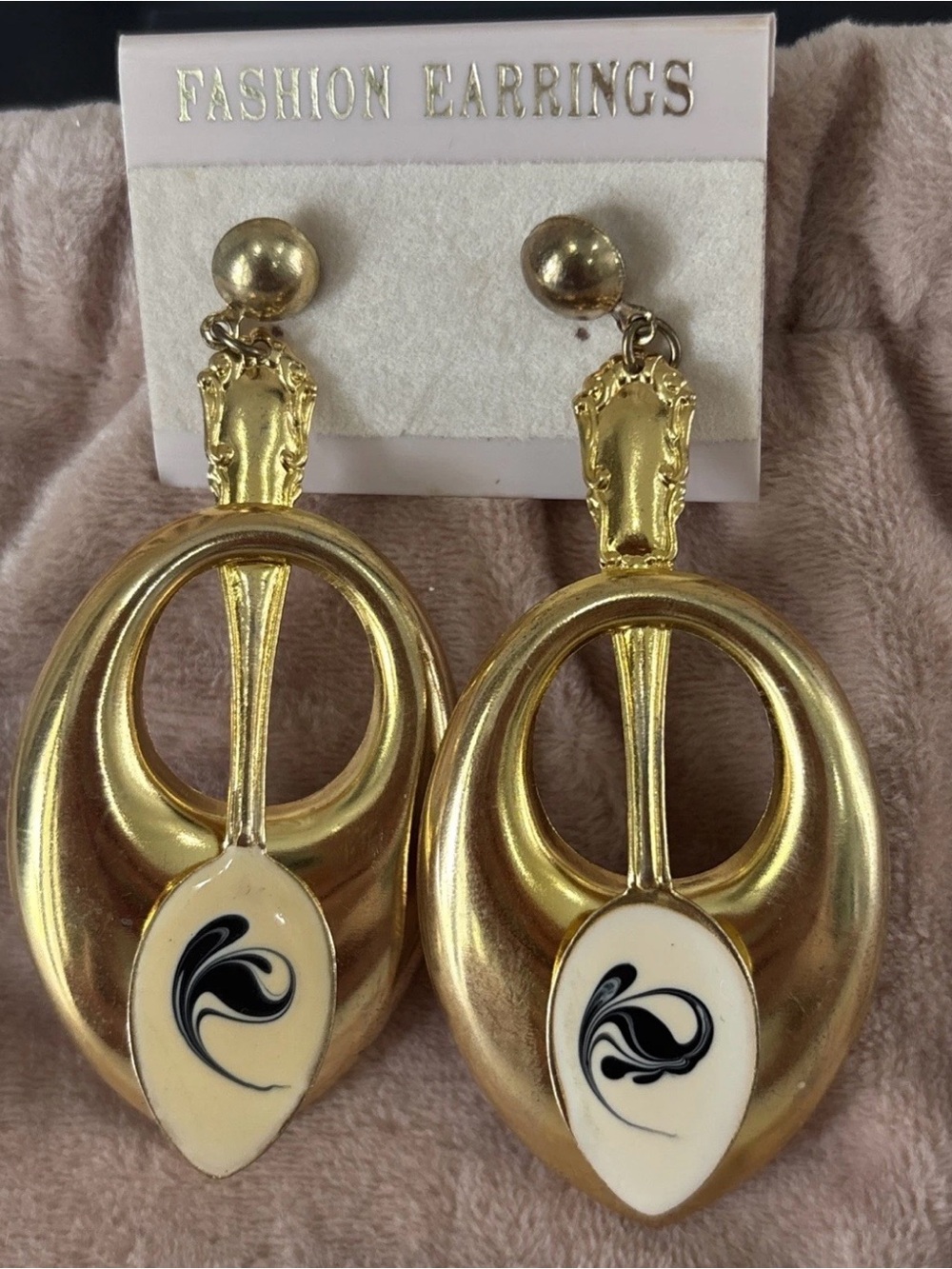Gold-Tone Oval Drop Earrings with Black & Cream Accent - Fashion Earrings